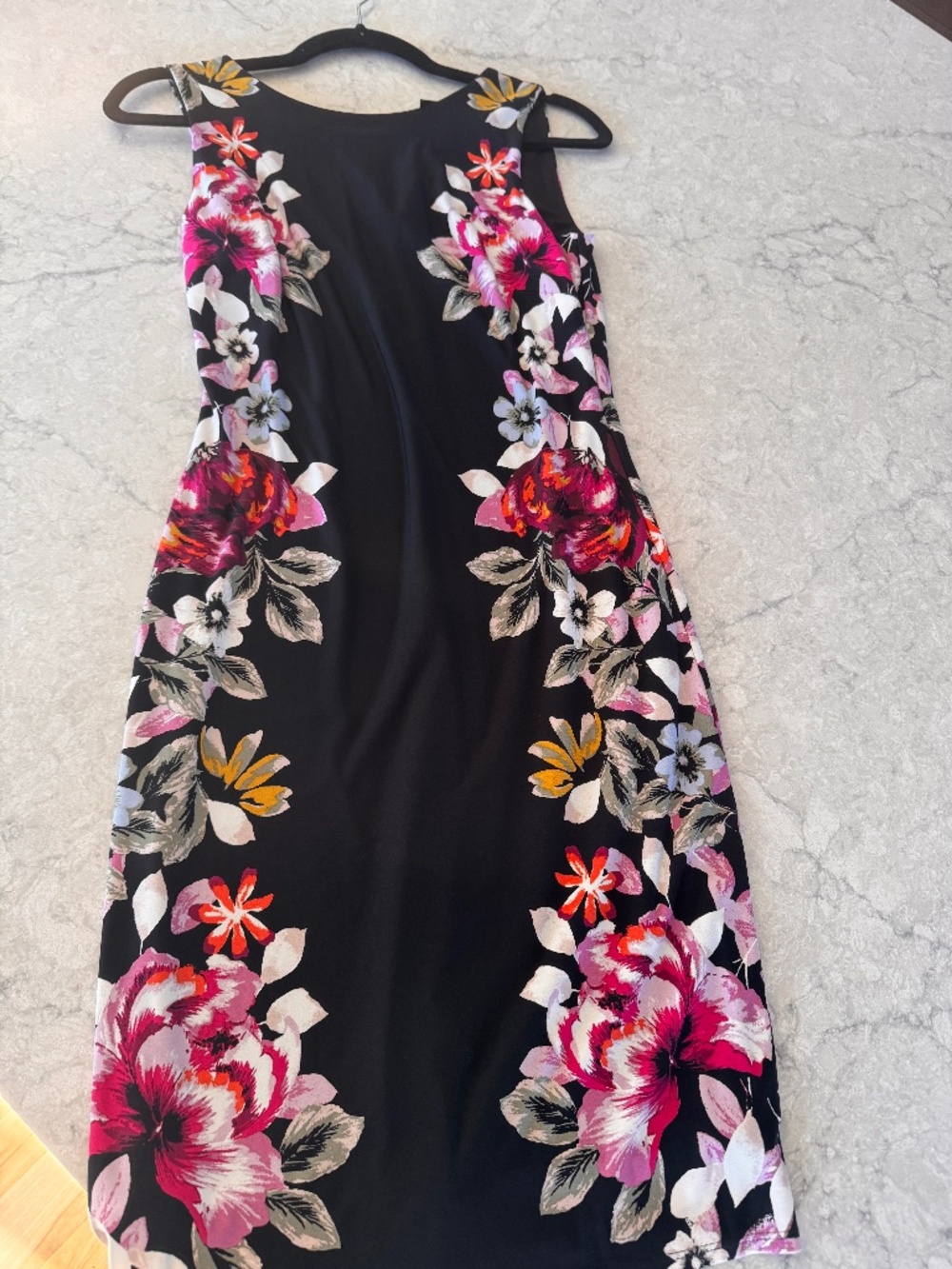Black sleeveless White House Black Market dress, flowers down the sides